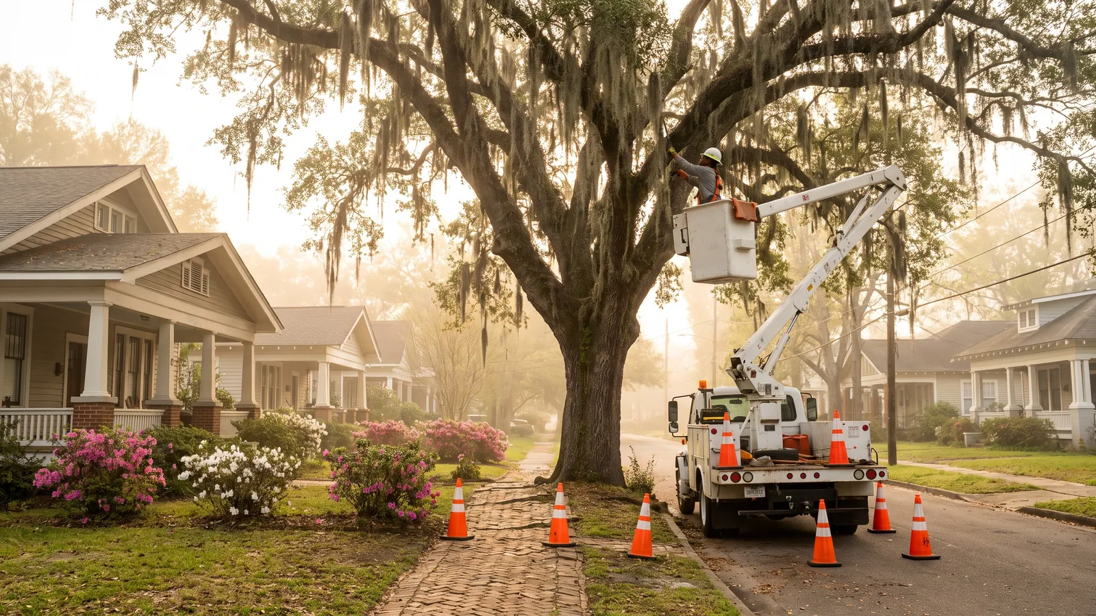 Arborist in a bucket truck pruning a sprawling live oak draped with Spanish moss over a Midtown Mobile street