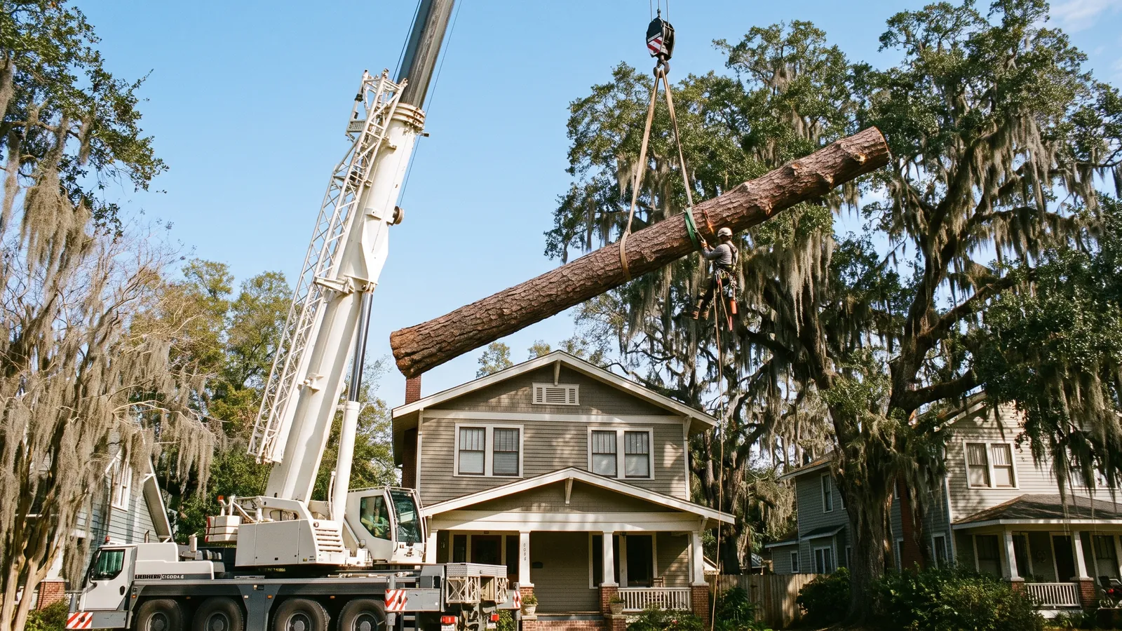 Crane lifting a long section of pine trunk over the roof of a house on a tight Mobile lot