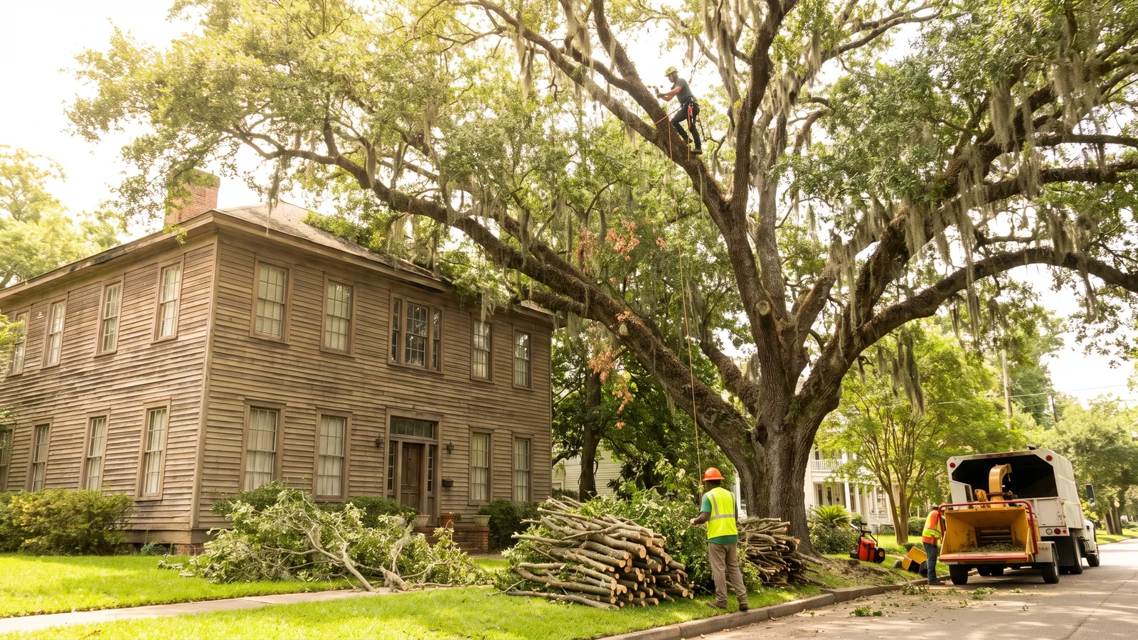 Crew thinning the outer canopy of a big live oak near a house before hurricane season in Mobile
